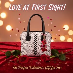 Black & White Floral Cross Stitch Embossed Tooled Artisan LEATHER Bag Purse Tote